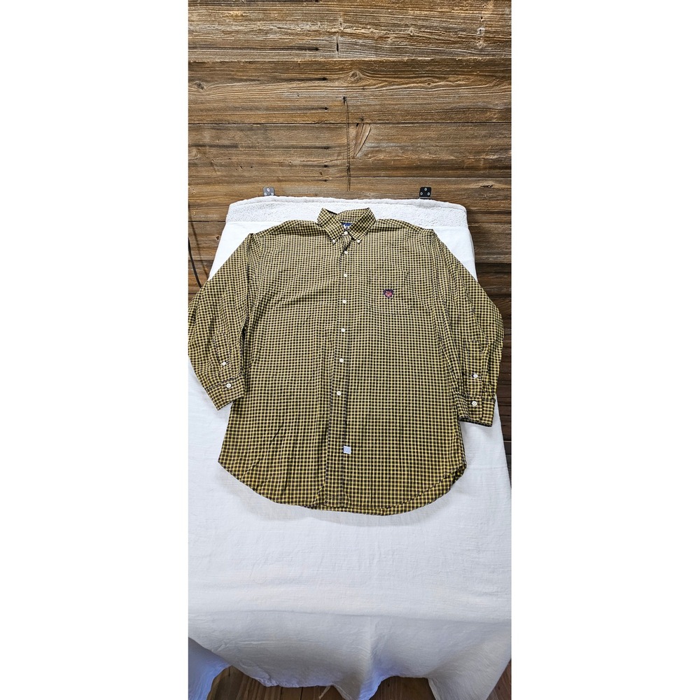 Ralph Lauren Mens XL Yellow Navy Plaid Button Down  Polo Crest Cotton Long Sl